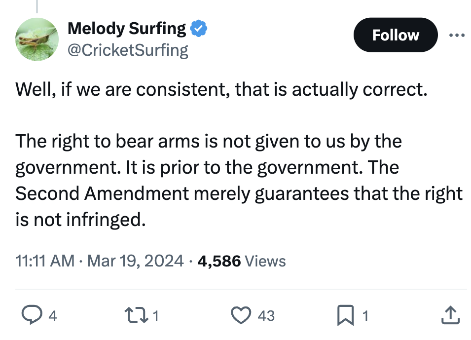 angle - Melody Surfing Well, if we are consistent, that is actually correct. The right to bear arms is not given to us by the government. It is prior to the government. The Second Amendment merely guarantees that the right is not infringed. 4,586 Views 4 